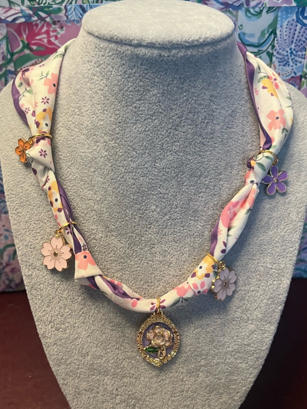 Floral Silk Scarf Necklace with Flower Charms and Pendant - Pink & Purple